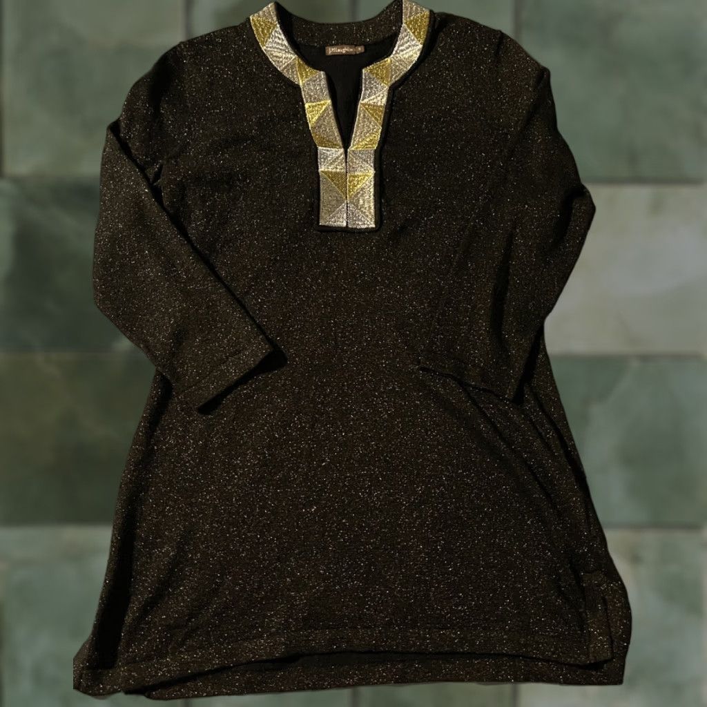 J.McLaughlin J. McLaughlin Tunic Sweater Womens Small Black 3/4 Sleeves Metallic Trim Boho Classic Modern Size S / US 4 / IT 40 - 1 Thumbnail