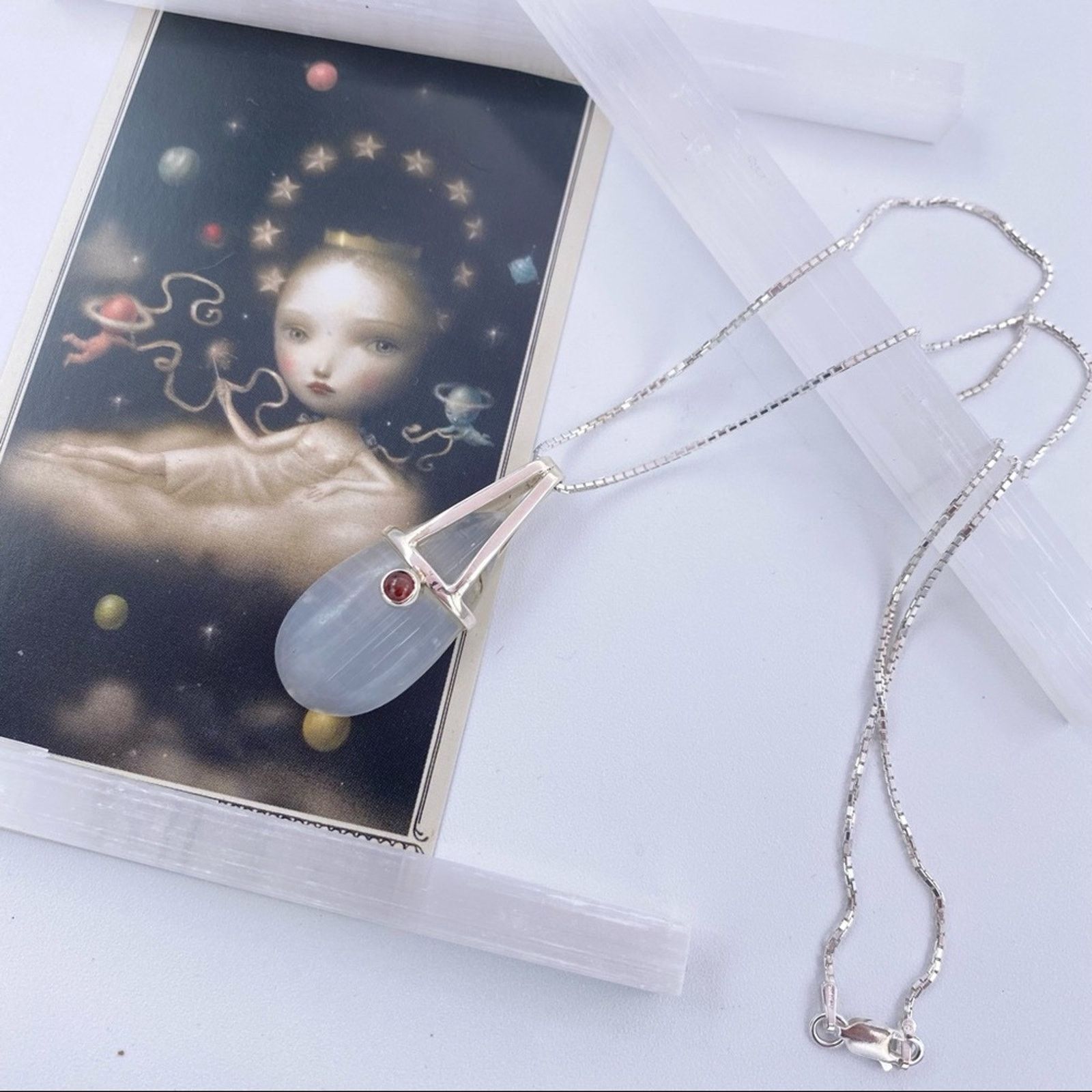 The Unbranded Brand Selenite And Garnet Pendant on Diamond Cut Box Chain Size ONE SIZE - 1 Thumbnail