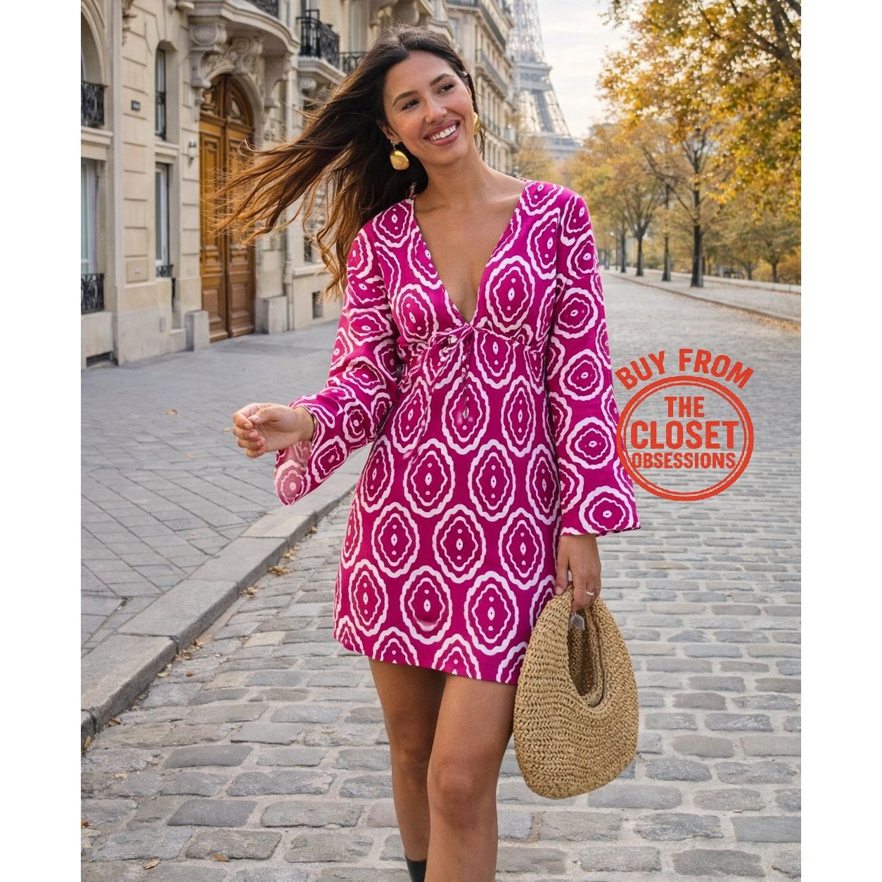 Zara ZARA Fuchsia Printed V Neck Mini Dress NWT Size S / US 4 / IT 40 - 1 Thumbnail