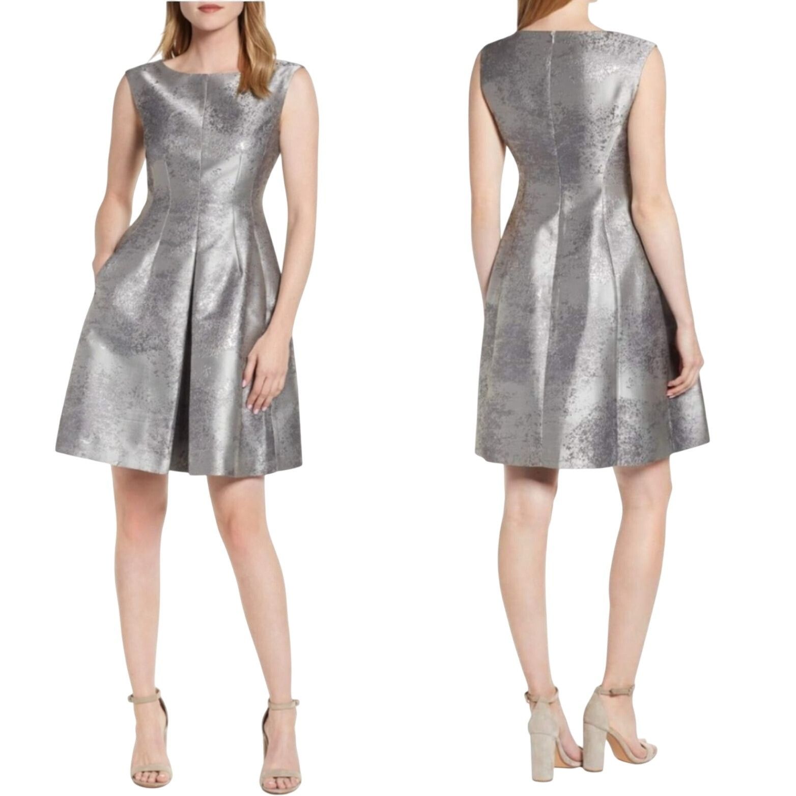 Anne Klein Vtg 80s Metallic Silver Fit Flare Dress Sz 14 Pockets Holida Size XL / US 12-14 / IT 48-50 - 11 Thumbnail