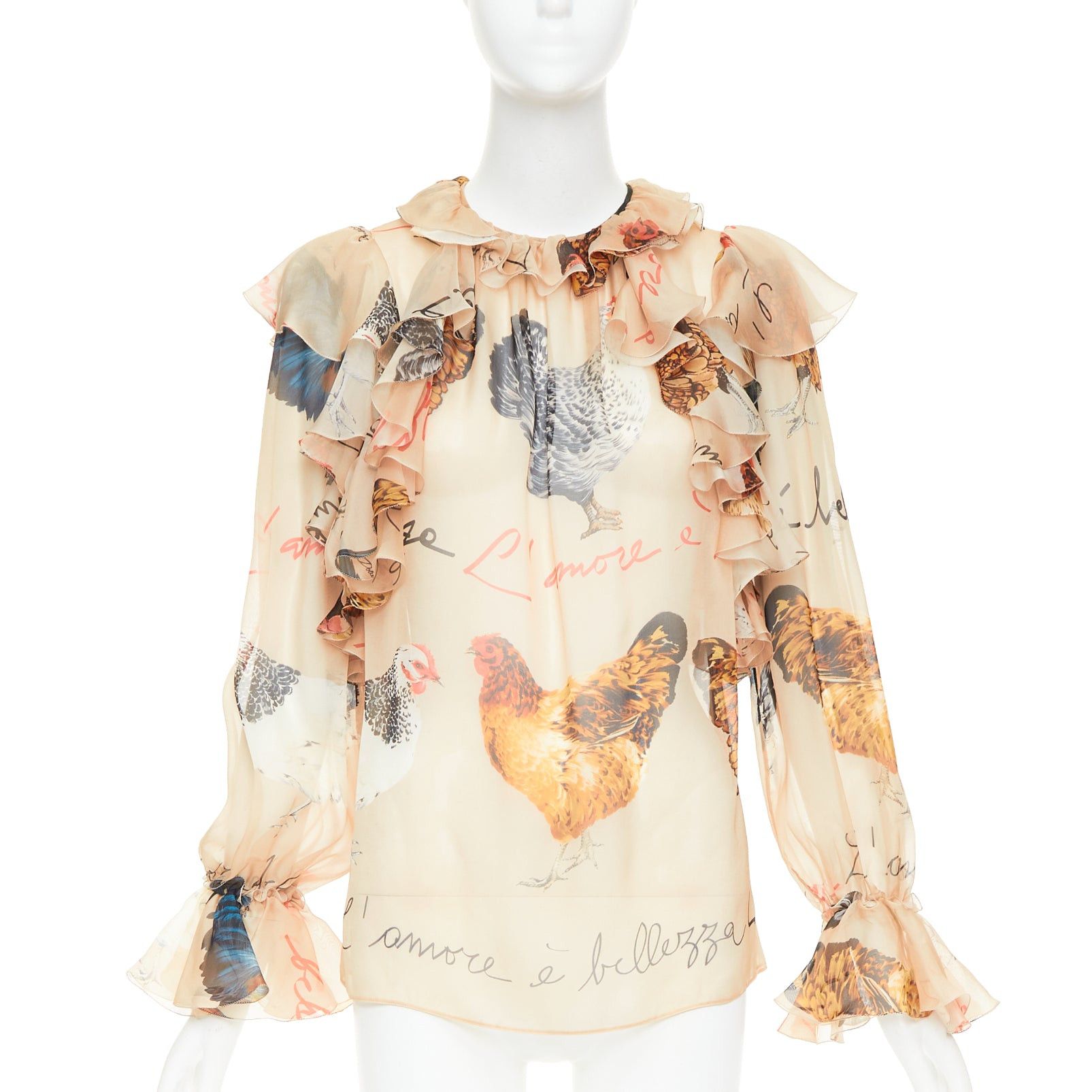 Dolce & Gabbana DOLCE GABBANA 100% silk beige chiken hen print sheer ruffled blouse IT38 XS Size XS / US 0-2 / IT 36-38 - 1 Thumbnail