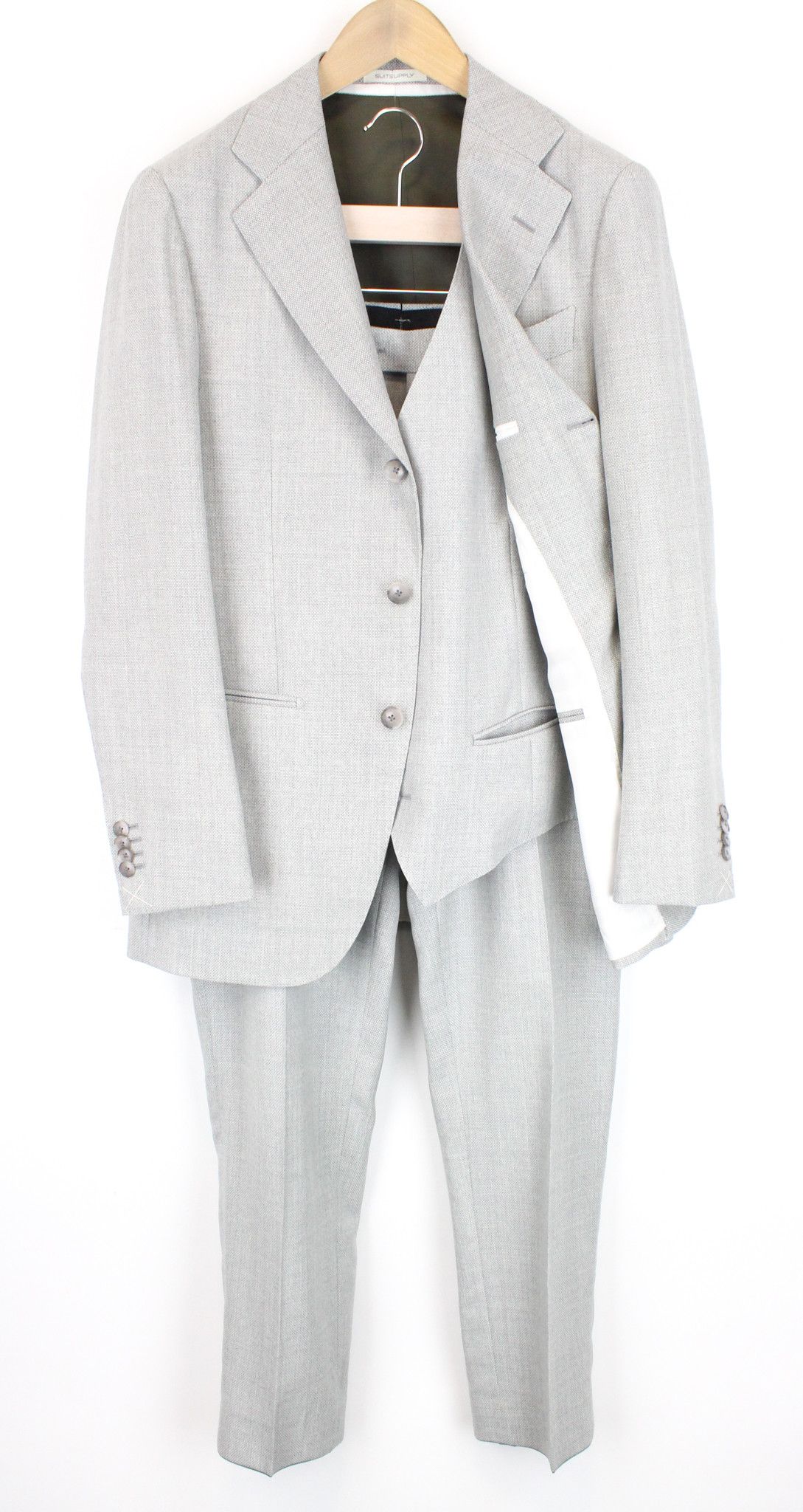 image of Suitsupply Havana Jetted Uk38R Grey Wool Twill Slim 3 Piece Suit 66566, Men's