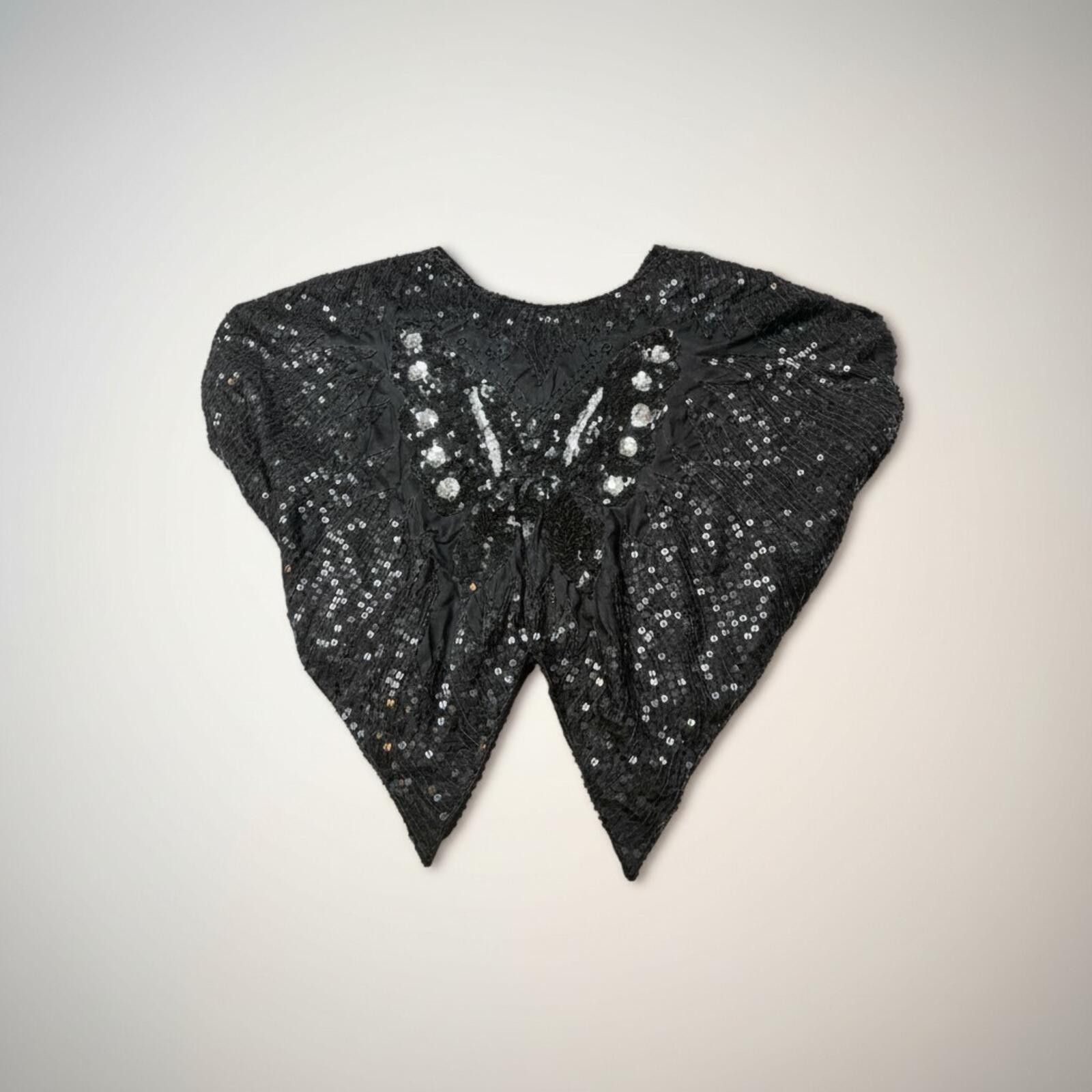Other Vintage 90s Black Sequin Butterfly Top Silk Beaded Festival Size M / US 6-8 / IT 42-44 - 3 Thumbnail