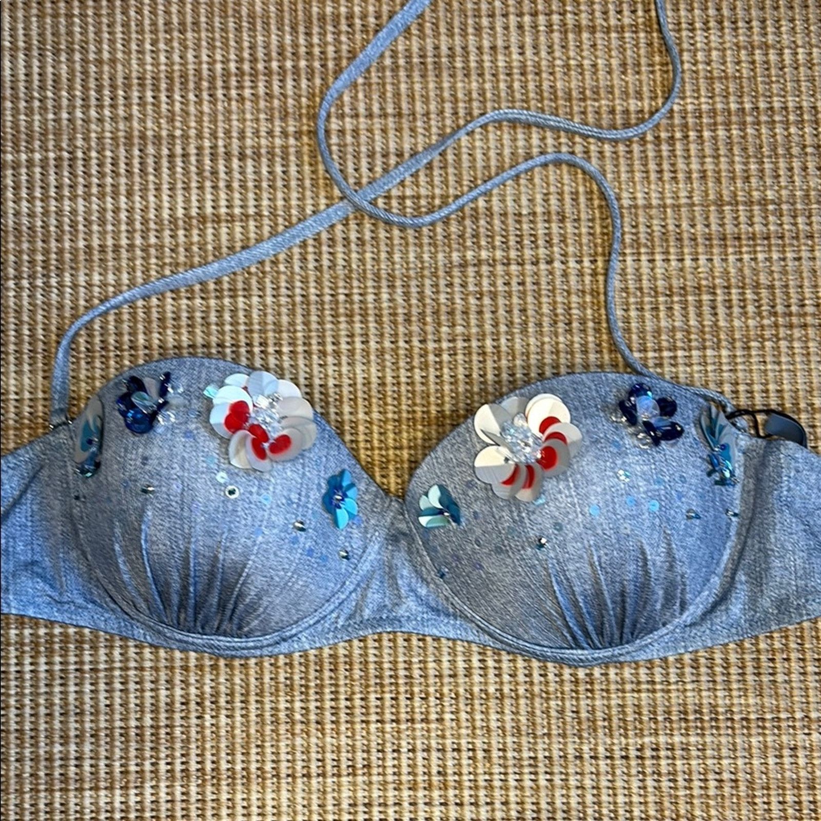Blumarine NWT Blumarine Blue denim flowers beads Bikini Size L Size ONE SIZE - 8 Thumbnail