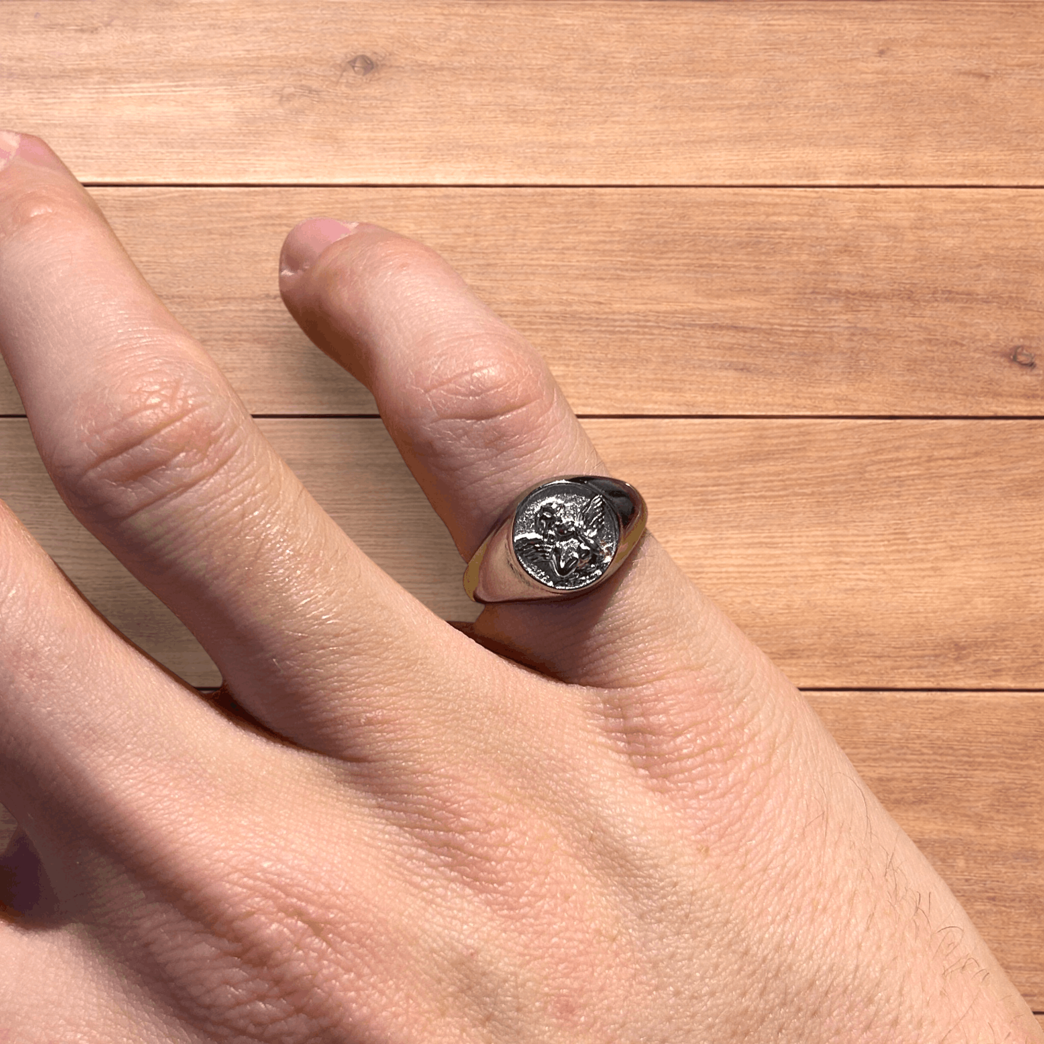 Japanese Brand Vntage style stainless steel angel signet ring in silver. Size ONE SIZE - 1 Thumbnail