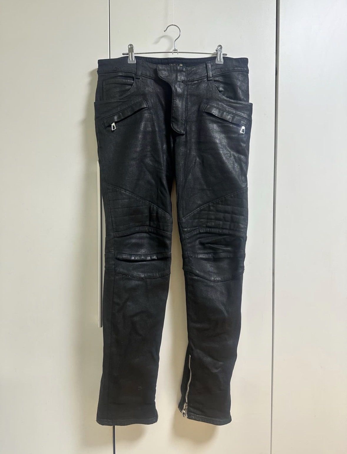 Balmain Balmain H&M Runway Waxed Biker Denim jeans | Grailed