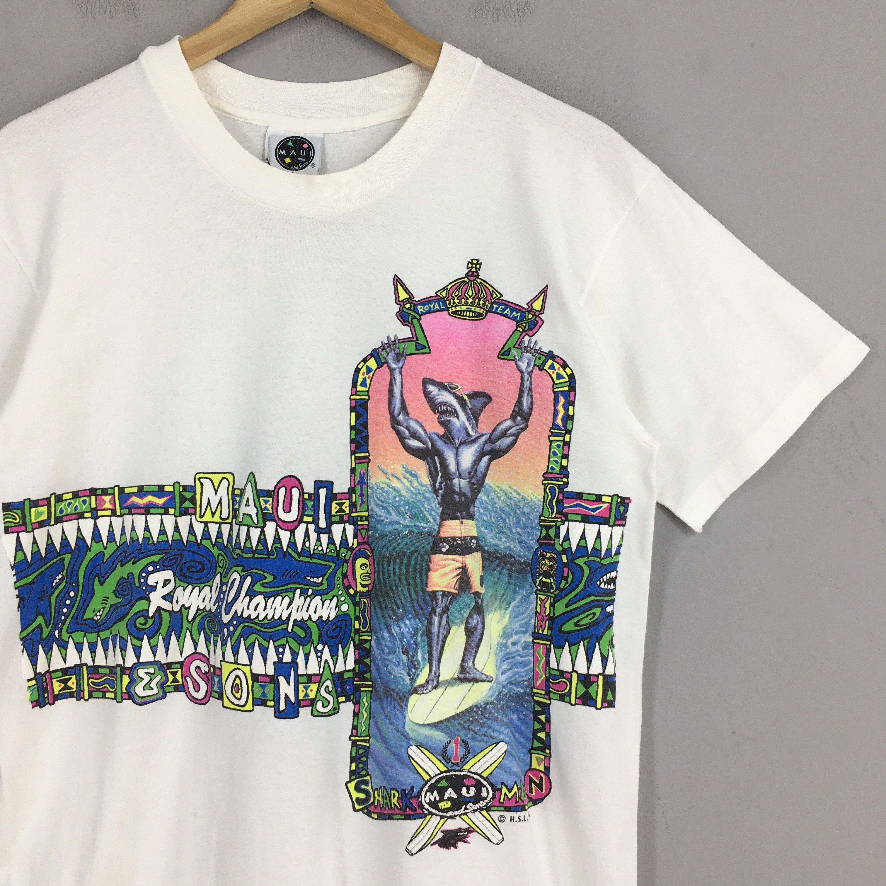 Maui and Sons × Vintage 90's Maui & Sons Sharks Royal Champion Surfing T shirt Large Size US L / EU 52-54 / 3 - 2 Thumbnail