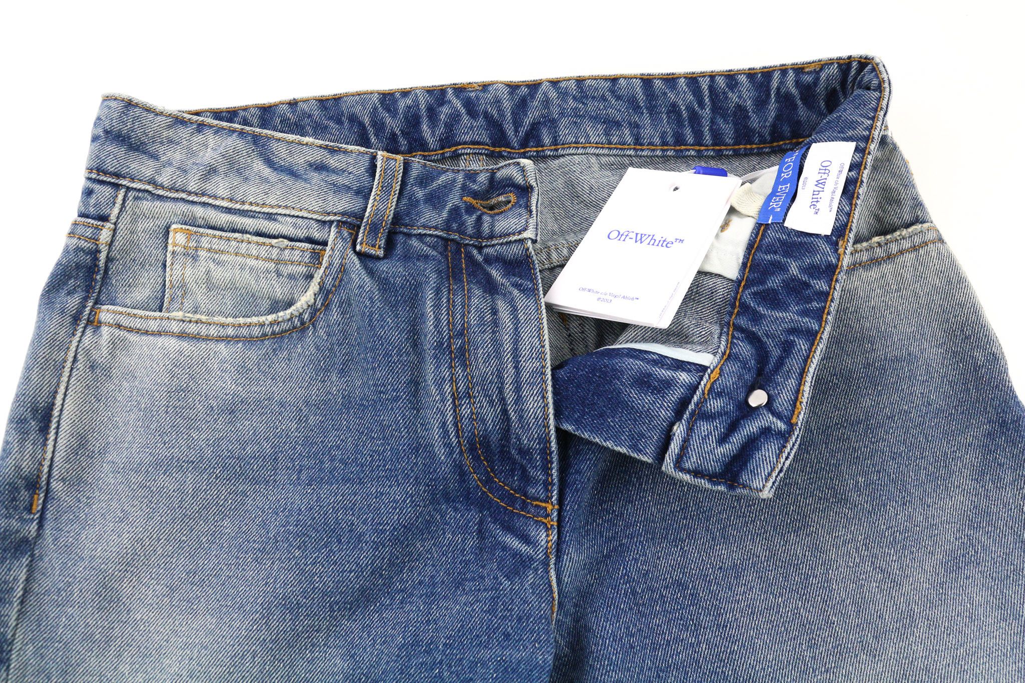 Off-White W27 Slim Flared Washed Zipped Cotton Blue 80242 Size 27" / US 4 / IT 40 - 4 Thumbnail