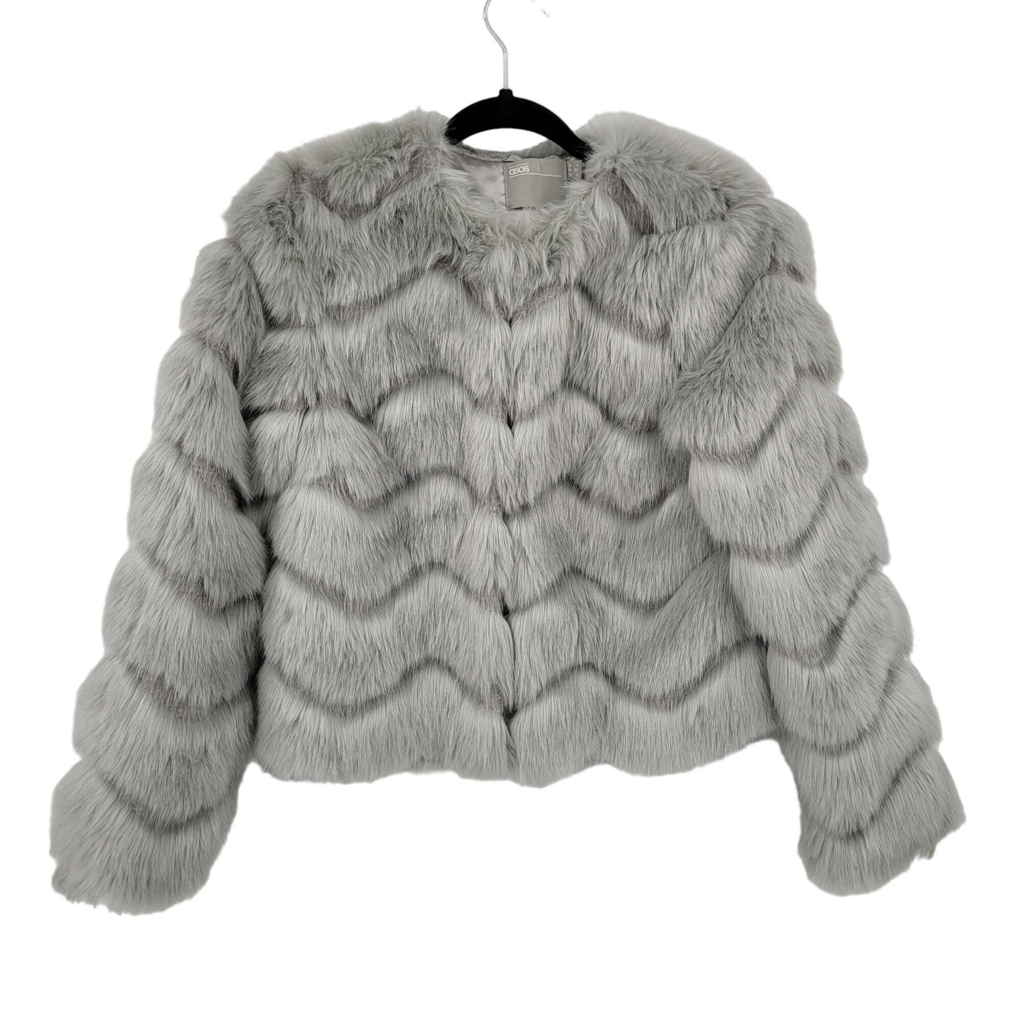 image of Asos Chevron Faux Fur Jacket 0 Silver Gray 1029918 Glam in Grey, Women's (Size XS)