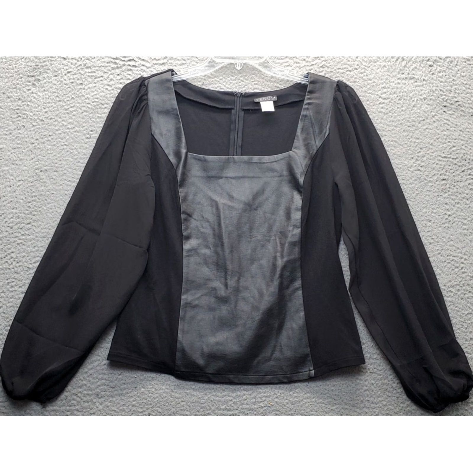 Venus Venus Blouse Womens Size L Black Sheer Balloon Sleeve Square Neck Back Zip Shirt Size L / US 10 / IT 46 - 2 Thumbnail