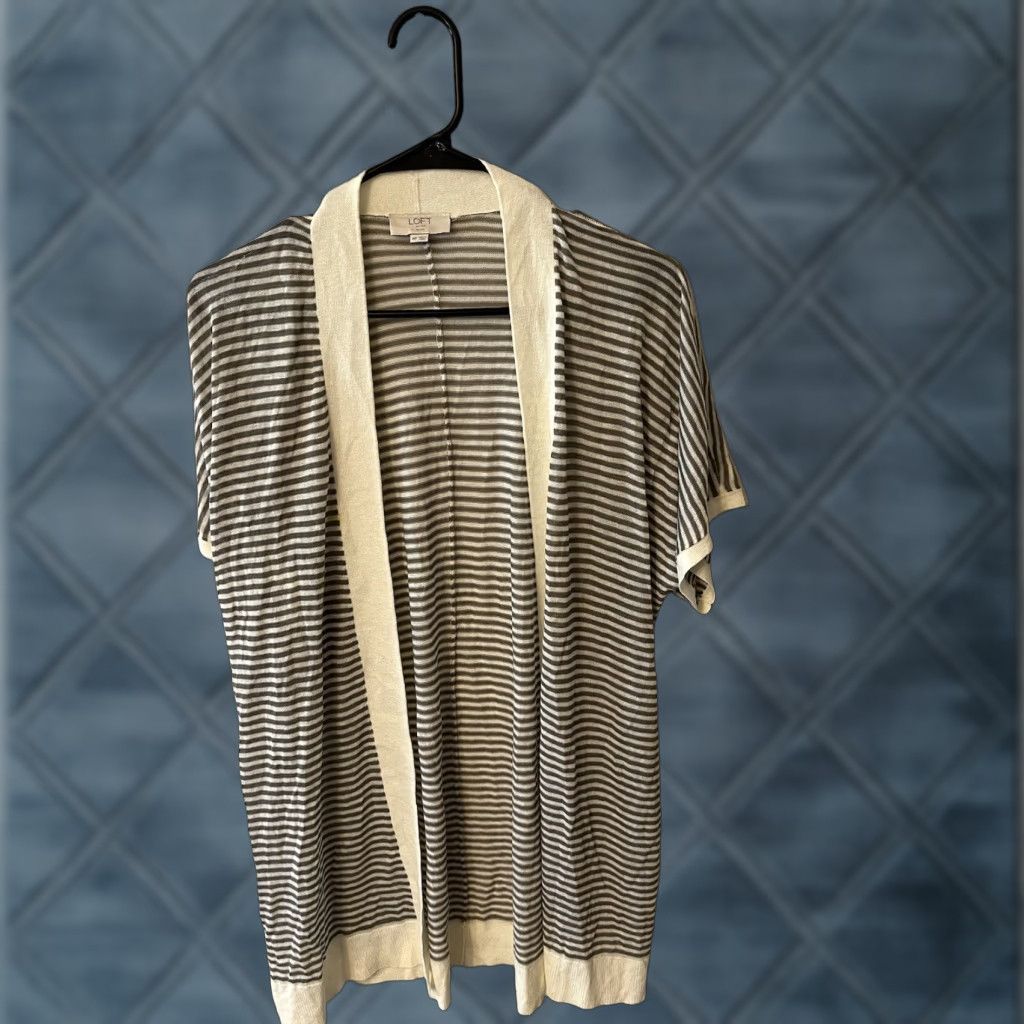 Loft LOFT Women's Cotton Knit Cardigan Sweater, Lightweight, Striped, Petite Medium, Open Front Fall Spring Winter Casual Size M / US 6-8 / IT 42-44 - 1 Thumbnail