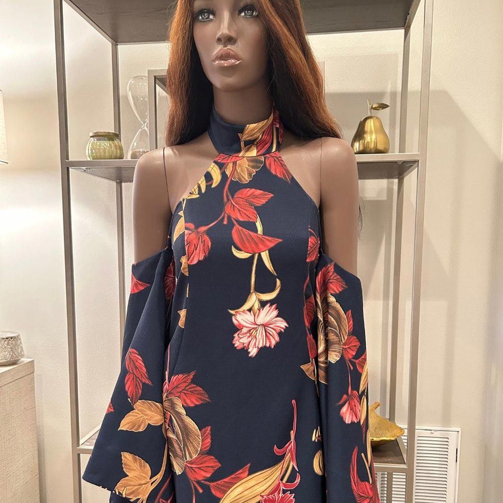 Designer C/MEO Collective Fusion Bell Sleeves Navy Botanic Dress Size XS / US 0-2 / IT 36-38 - 1 Thumbnail