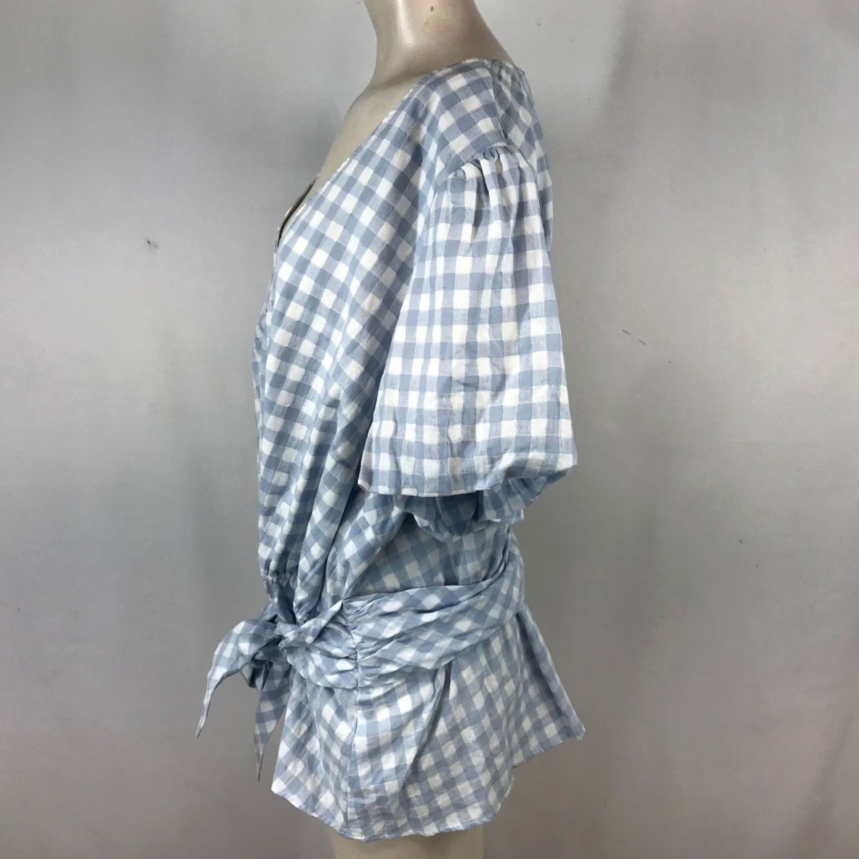 Vintage MAUVE ANTHROPOLOGIE 26W Short Sleeve Button V Neck Belted Top Blue White Womens Size 4XL / US 24-26 - 4 Thumbnail