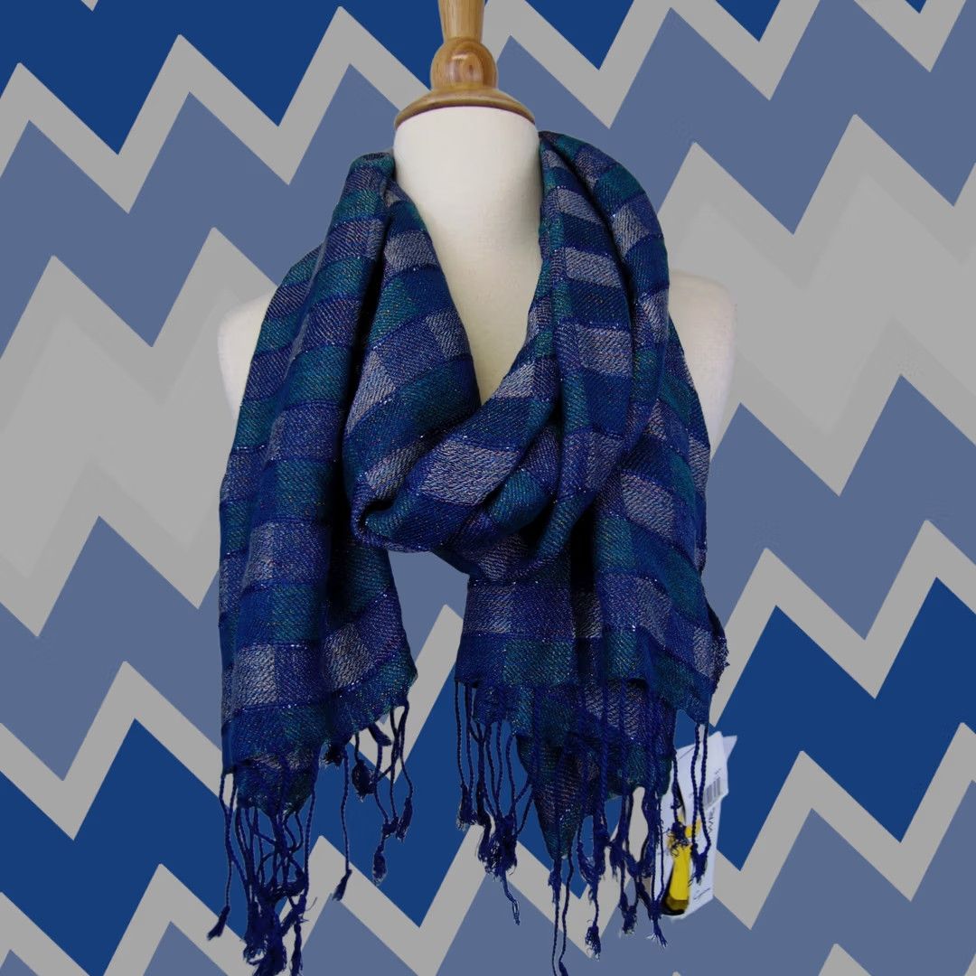 Vintage Cejon Shine Checkered Fringe Wrap Scarf Navy Blue Metallic Cejon Scarf Blue 68" X 20" Womens Size ONE SIZE - 1 Thumbnail