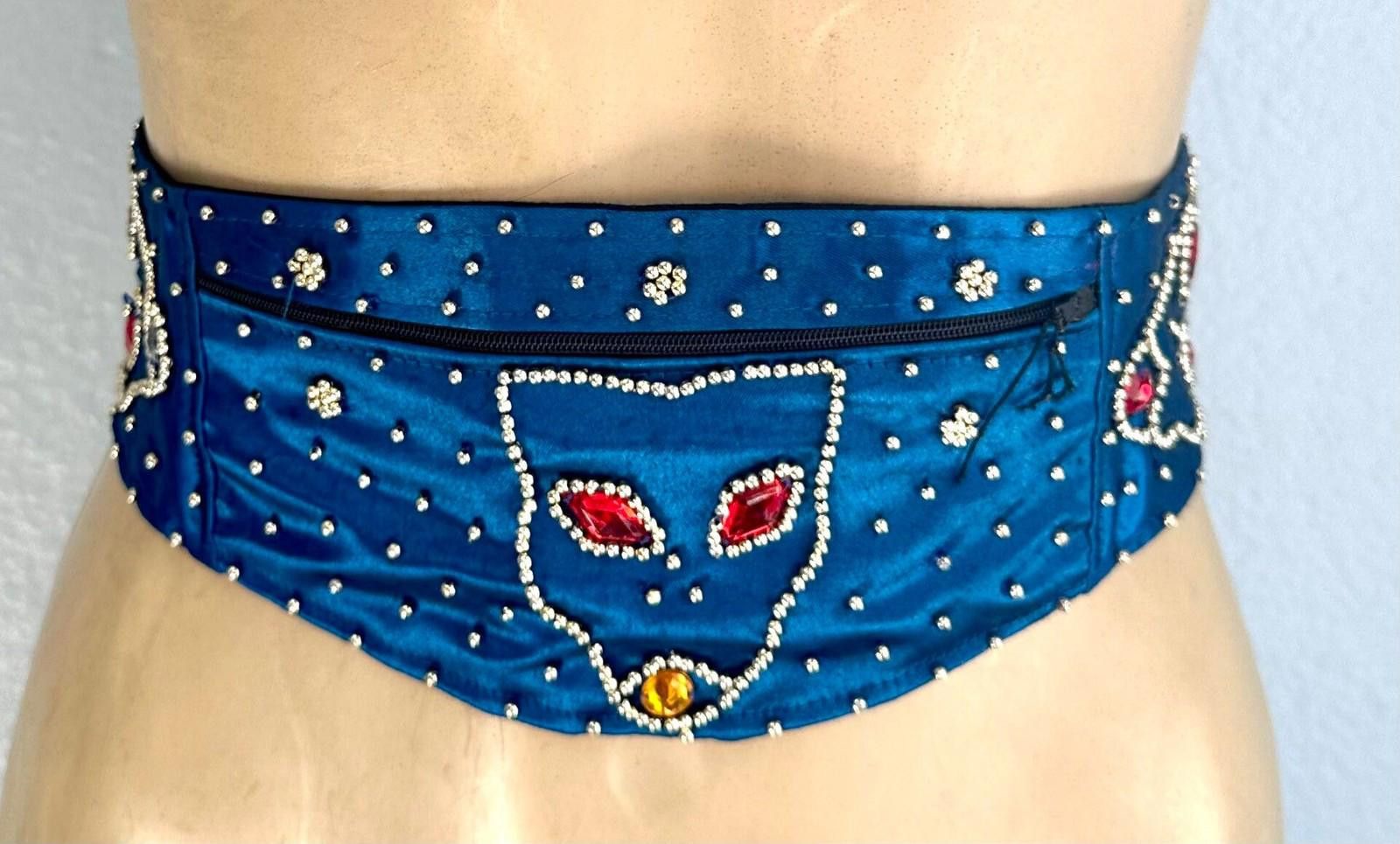 Designer Silk Beaded Cummerbund Fashion Belt Blue with Cat Size ONE SIZE - 1 Thumbnail