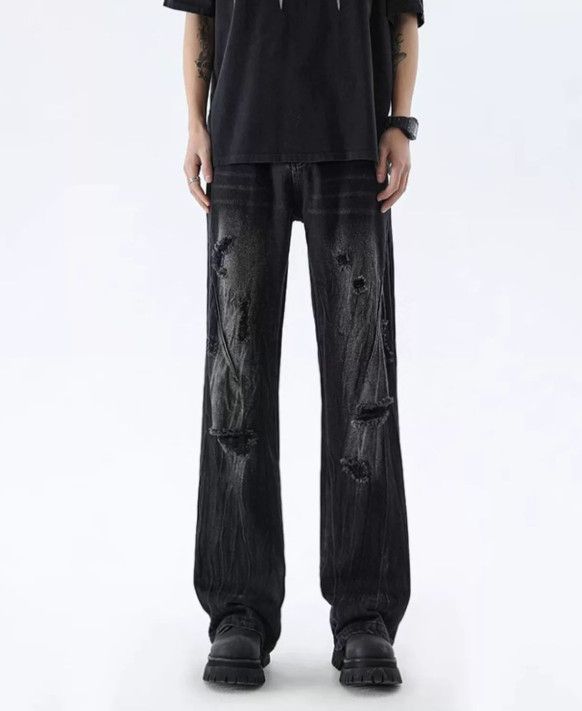 Japanese Brand Men's washed distressed straight leg ripped flared jeans Size US 32 / EU 48 - 1 Thumbnail