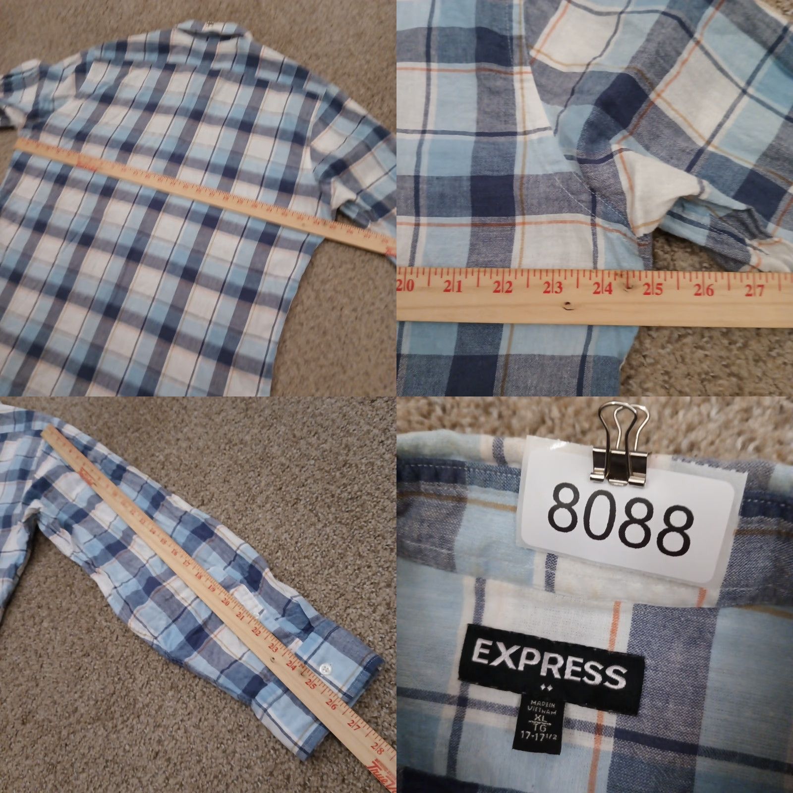 Express Express Shirt Button-Up Mens XL Blue Plaid Long Sleeve Pockets Linen Blend Cotton Size US XL / EU 56 / 4 - 8 Thumbnail