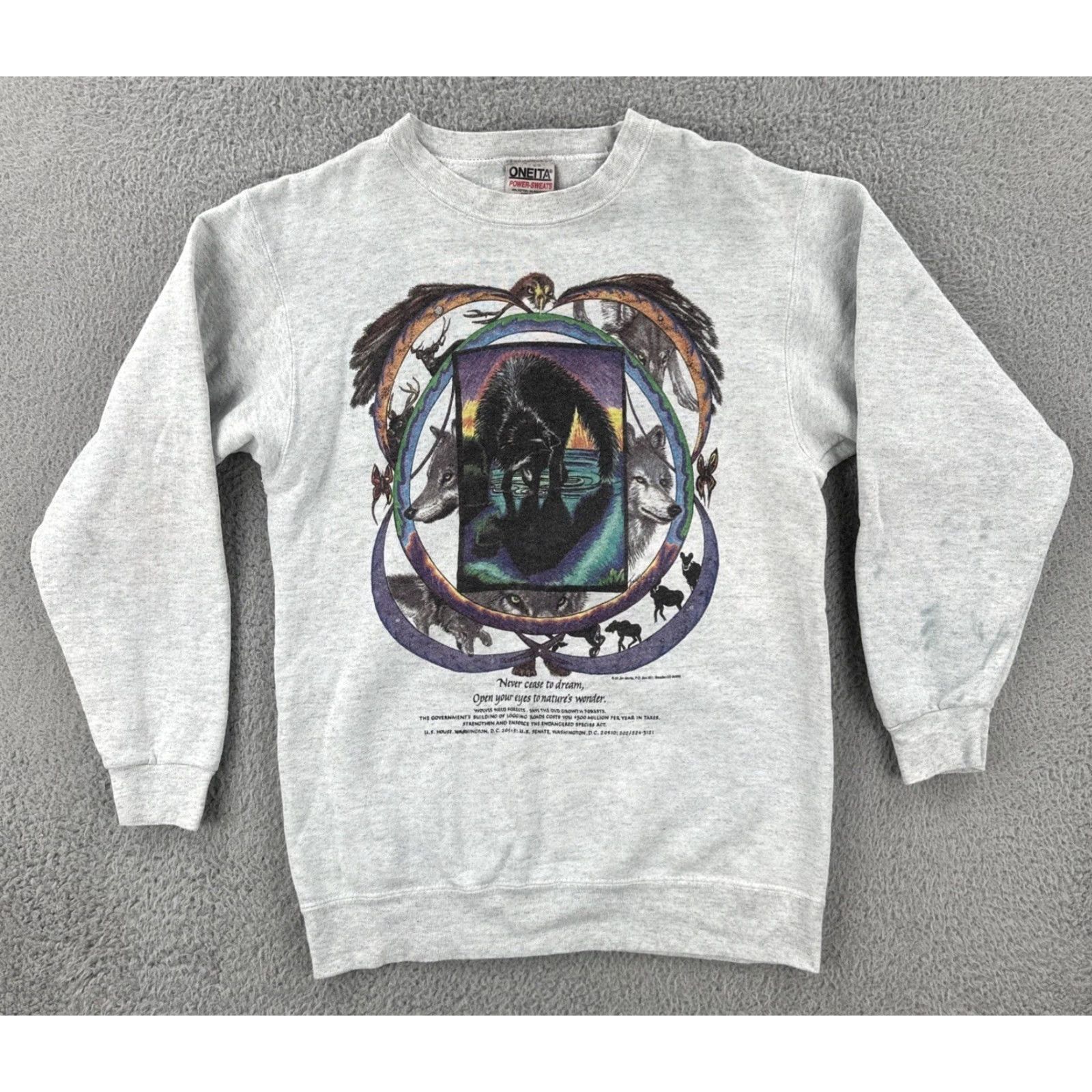 Vintage VINTAGE Oneita Power Sweats Sweatshirt Adult S Gray Wolf Graphic Print 90s Nature Mens Pullover Crewneck Regular Cotton Heavyweight Size US S / EU 44-46 / 1 - 2 Thumbnail