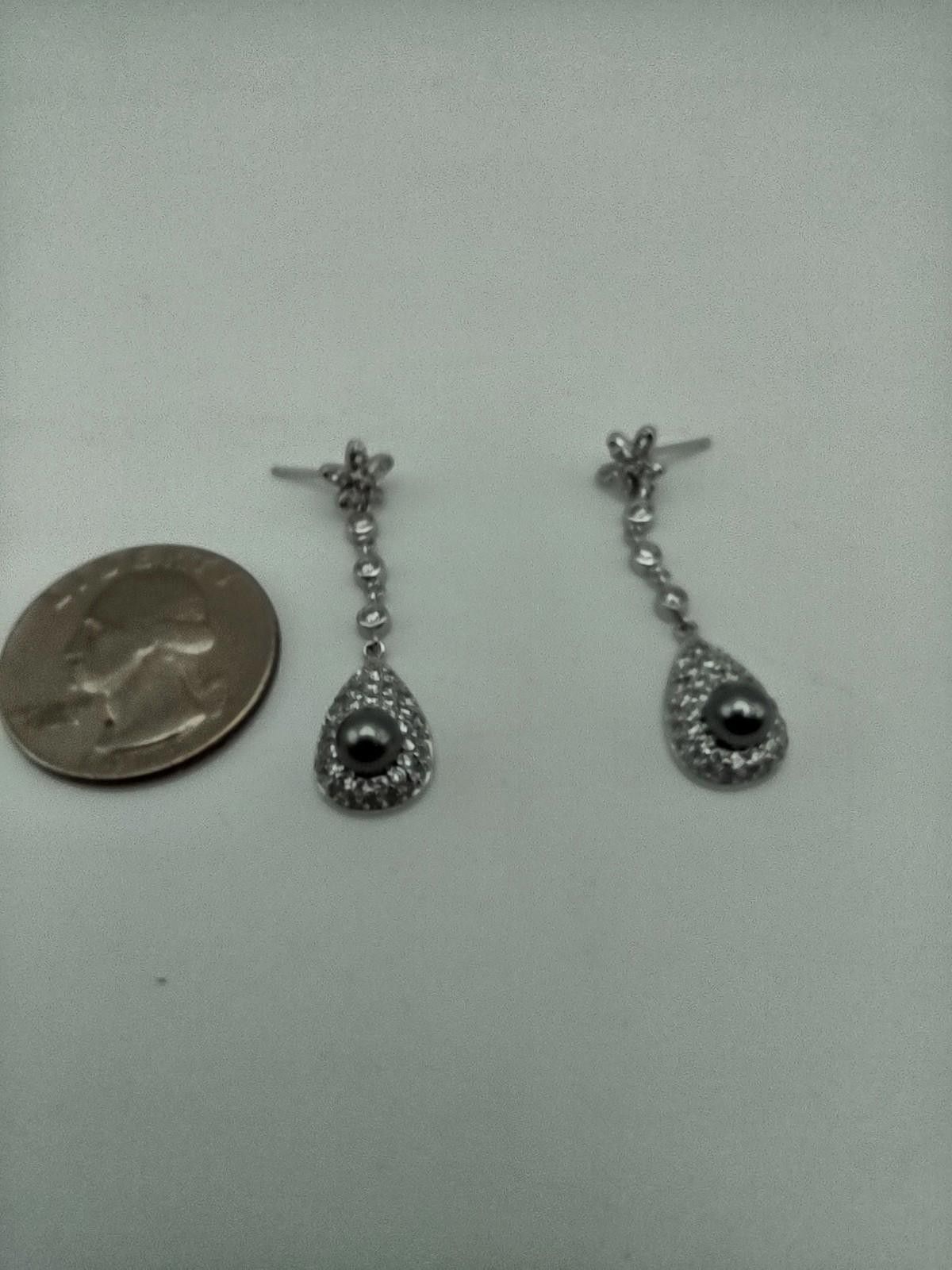 The Unbranded Brand Sterling CZ Gray Pearl Drop Dangle Earrings Size ONE SIZE - 3 Thumbnail