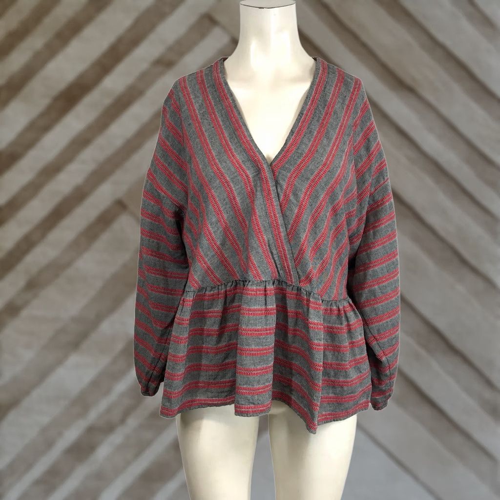 Madewell Madewell Striped V Neck Peplum Top Red Grey XL Cotton Blend Boho Casual Blouse Size XL / US 12-14 / IT 48-50 - 1 Thumbnail