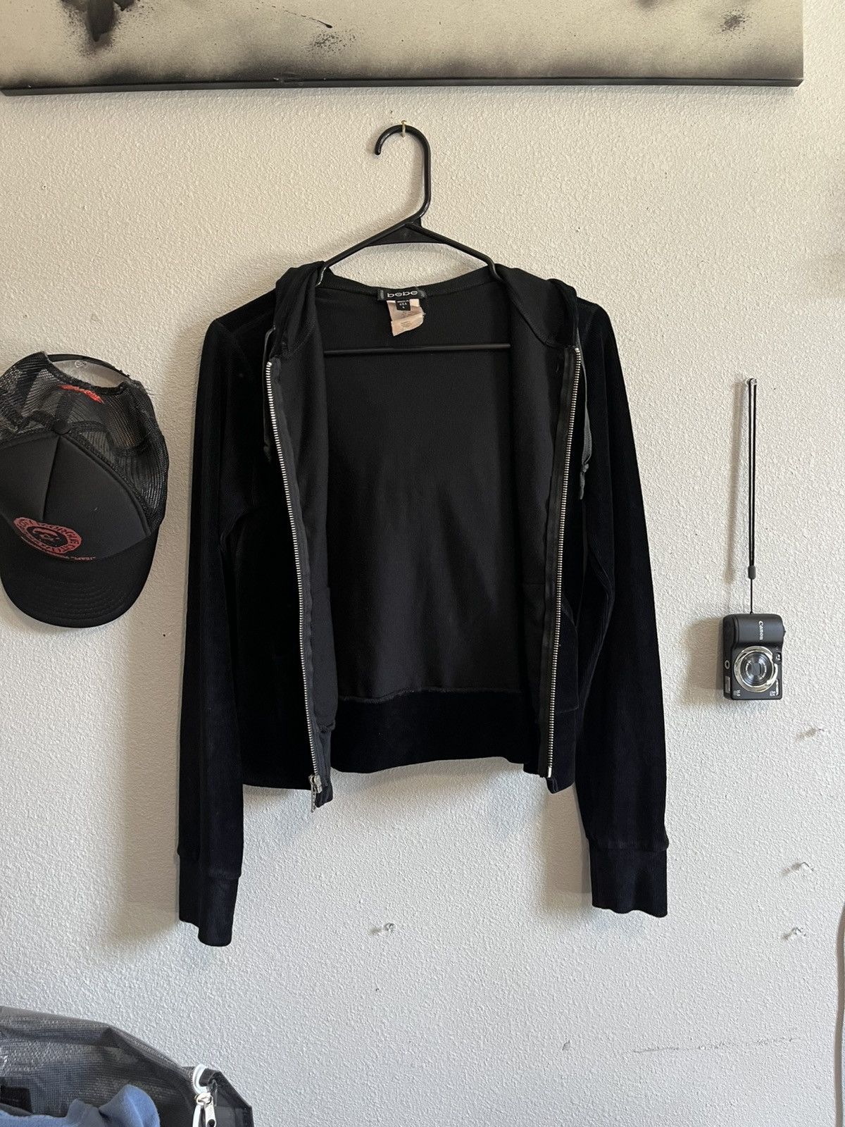 Bebe Y2K Bebe Black Velour Zip-Up Hoodie w/ Rhinestone Logo (L) Size L / US 10 / IT 46 - 3 Thumbnail
