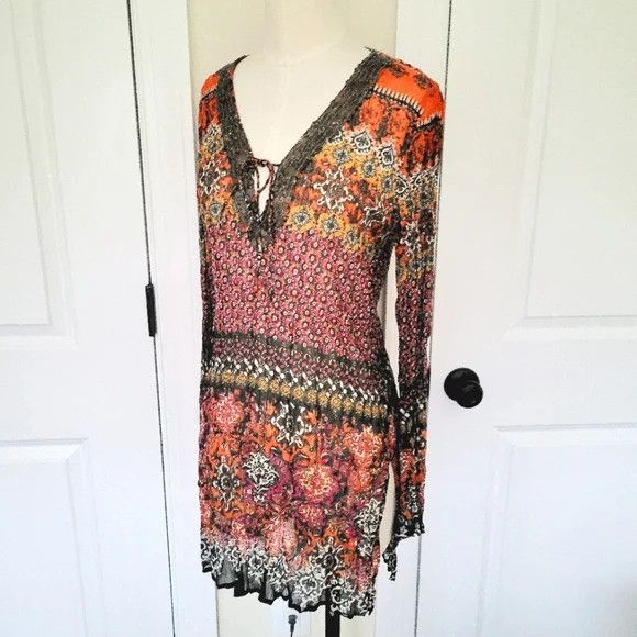 Guess Holly Black Multi Long Slv Embellished Sheer Printed Tunic Size M / US 6-8 / IT 42-44 - 6 Thumbnail