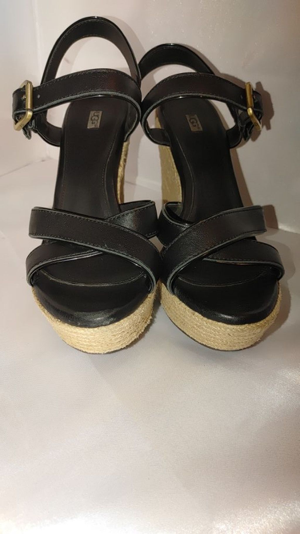 Ugg UGG Jackilyn Black Leather Espadrille Wedge Sandals Size 9.5 Size US 9.5 / IT 39.5 - 5 Thumbnail