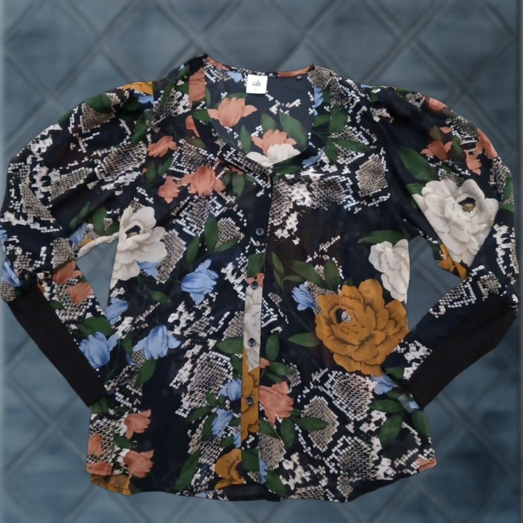 Vintage Cabi Shirt Womens Large Black Floral Sheer Long Sleeve Button Up Polyester Size L / US 10 / IT 46 - 1 Thumbnail