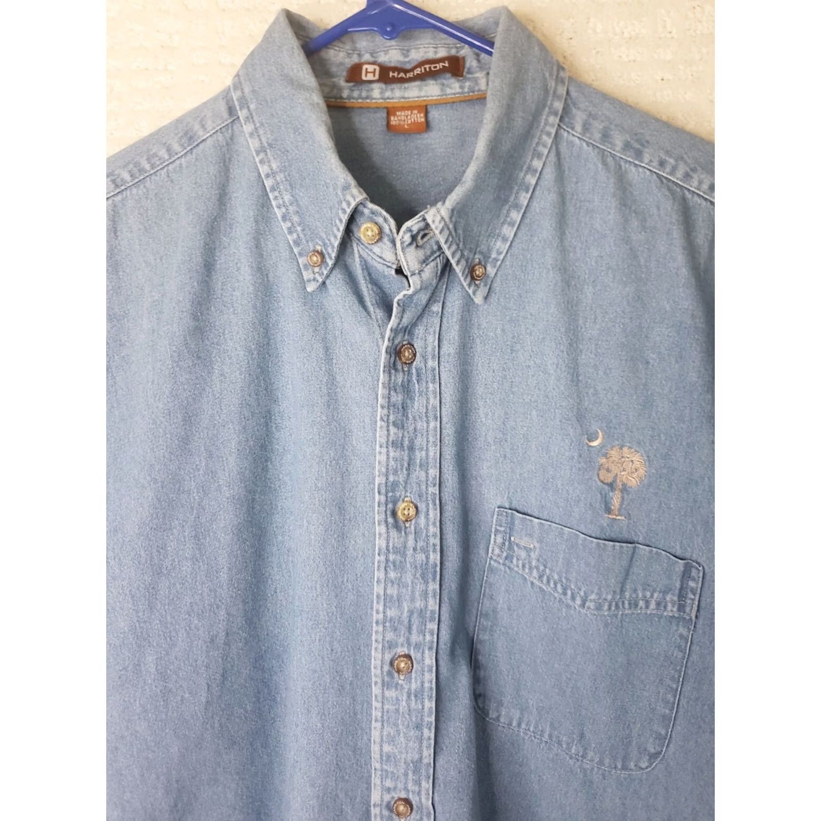 Denime Harrinton Denim Shirt Men's L Short Sleeve Button-Up SC Flag Embroidered Palmetto Crescent Moon Blue Denim Shirt Size US L / EU 52-54 / 3 - 3 Thumbnail