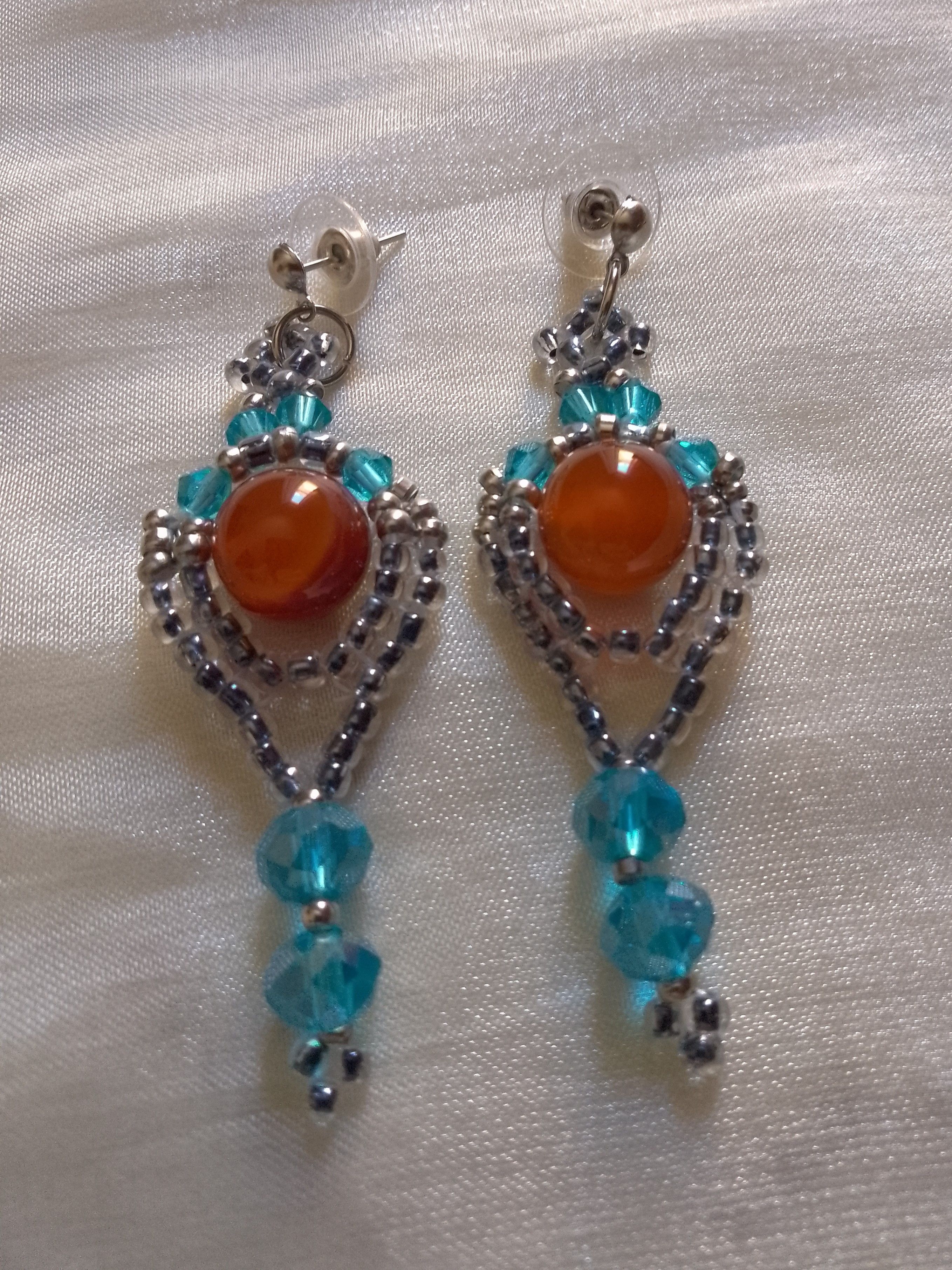 Handmade Dangle earrings with red carnelian gemstones blue crystal Size ONE SIZE - 7 Thumbnail