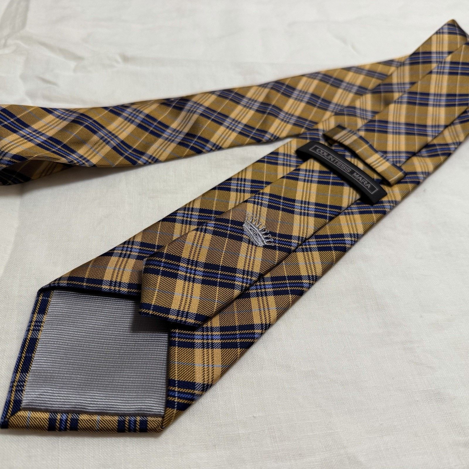 Countess Mara Countess Mara Gold/Navy Plaid Silk Tie – Crown Logo Classic Size ONE SIZE - 9 Thumbnail