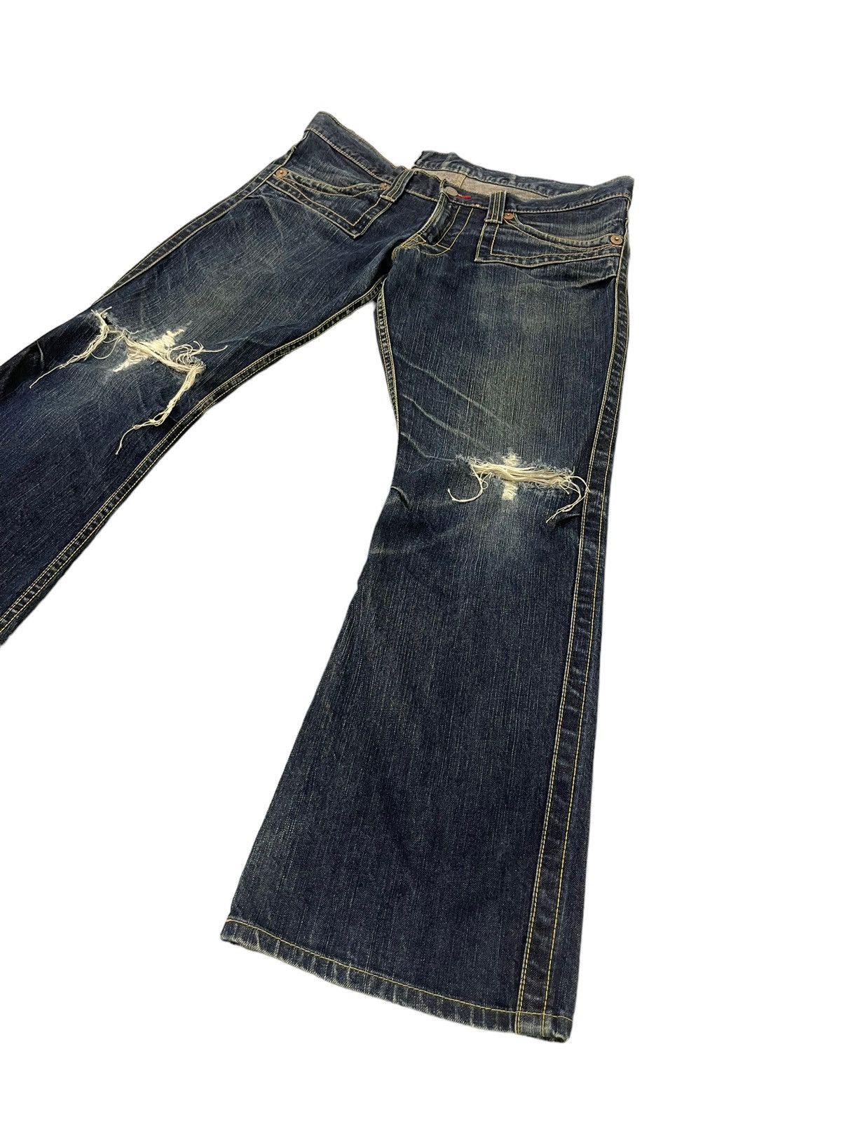 Japanese Brand Flare Jeans Blue Way Japan Faded Distress Low Rise 8🟦3 Size US 35 - 3 Thumbnail