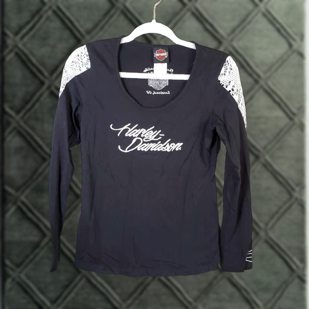 Harley Davidson VINTAGE Harley-Davidson Womens Long Sleeve Lace Shirt Black M Adult Womens Shirt Lace 90s Loveland CO Size M / US 6-8 / IT 42-44 - 1 Thumbnail