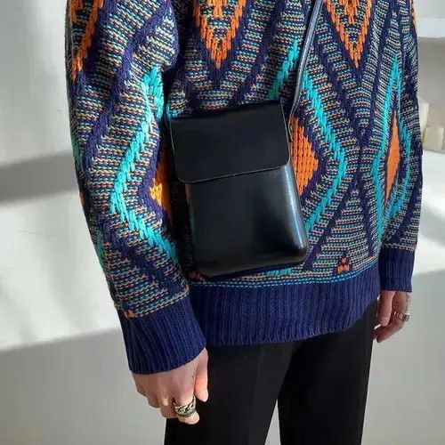 Vintage 2022 Korean Fashion Black Retro Square Crossbody Bag, Men's