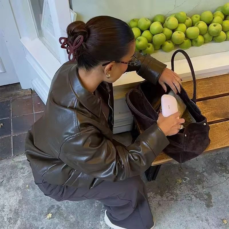 Other Streetwear Brown PU Leather Zipper Jacket Vintage Retro Size M / US 6-8 / IT 42-44 - 3 Thumbnail