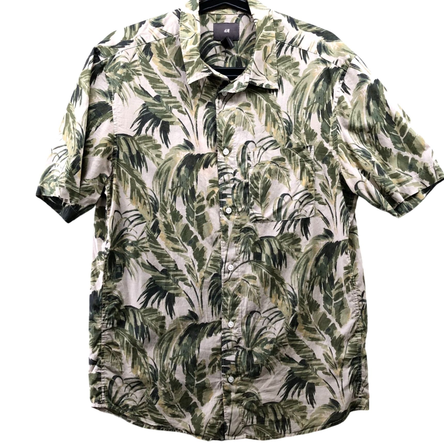 H&M H&M Hawaiian Shirt Mens S Cotton Lightweight Palm Print Short Sleeve Beige Green Shirt Size US S / EU 44-46 / 1 - 2 Thumbnail