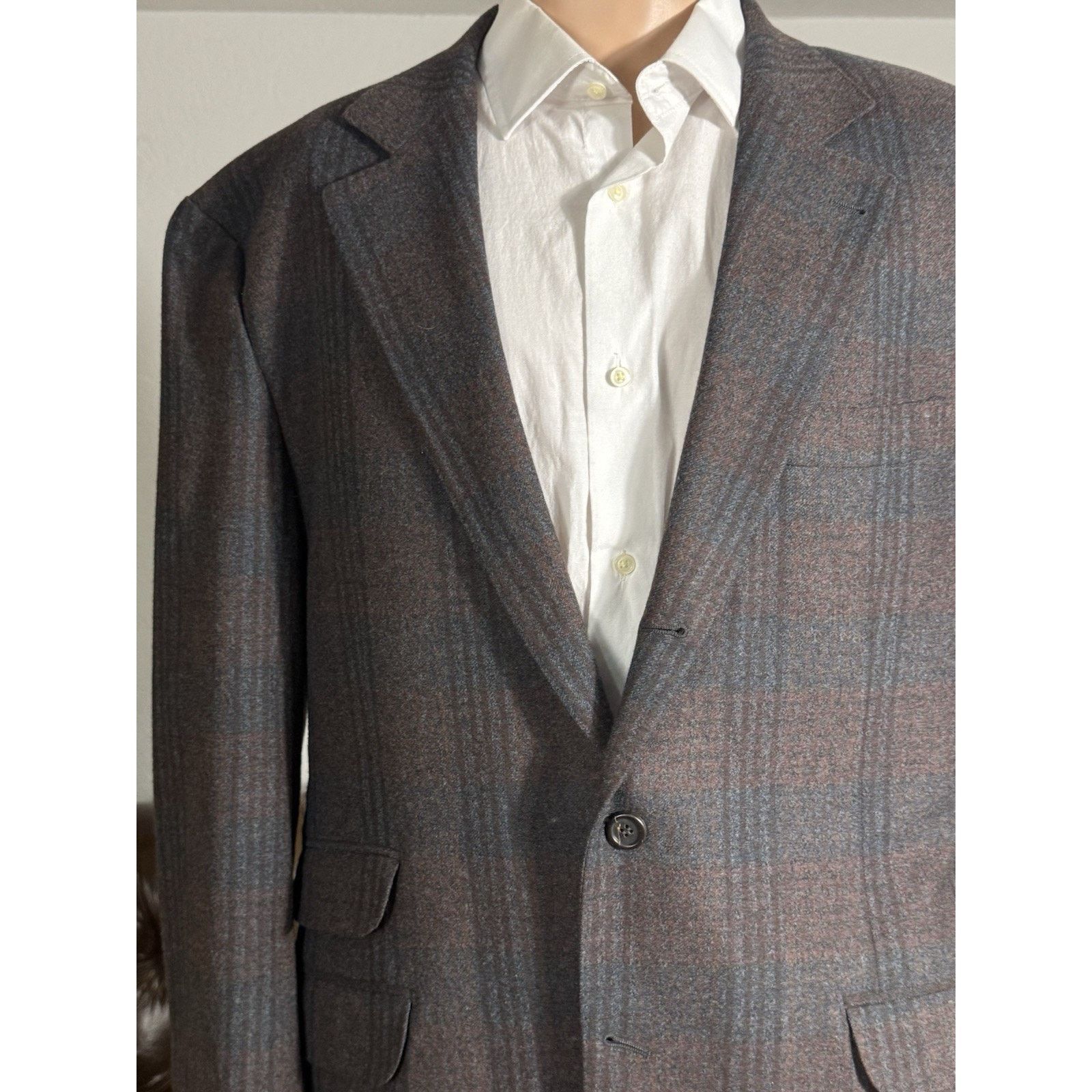 Brunello Cucinelli Brunello Cucinelli Burgundy Blue Flannel Plaid Blazer 44R Size 44R - 2 Thumbnail