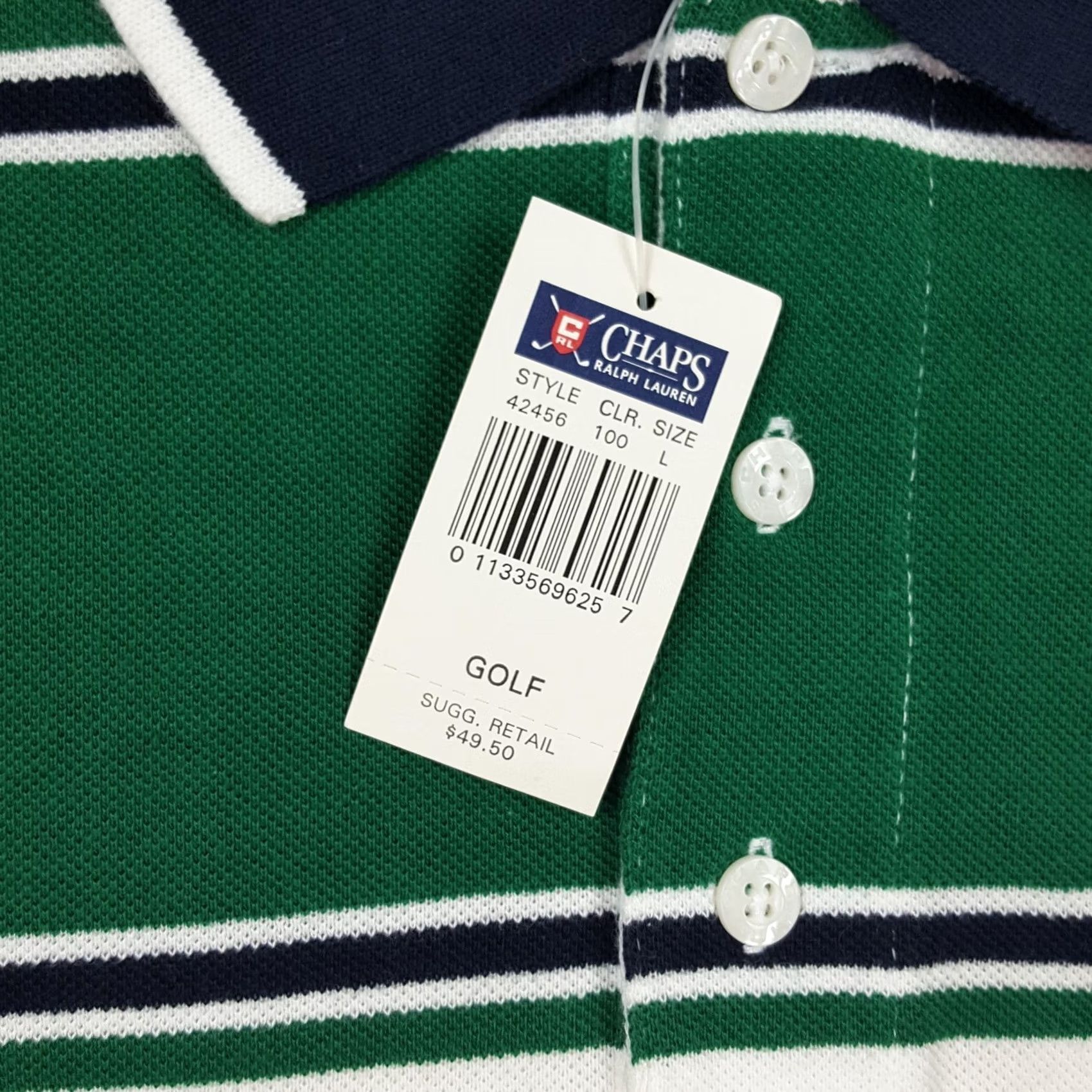 Ralph Lauren Vintage Ralph Lauren Chaps Green Striped Polo Shirt - Size L - Cotton Knits - Button Collar Polo - Short Sleeve - Mens - Casual, 90s, Preppy Size US L / EU 52-54 / 3 - 4 Thumbnail