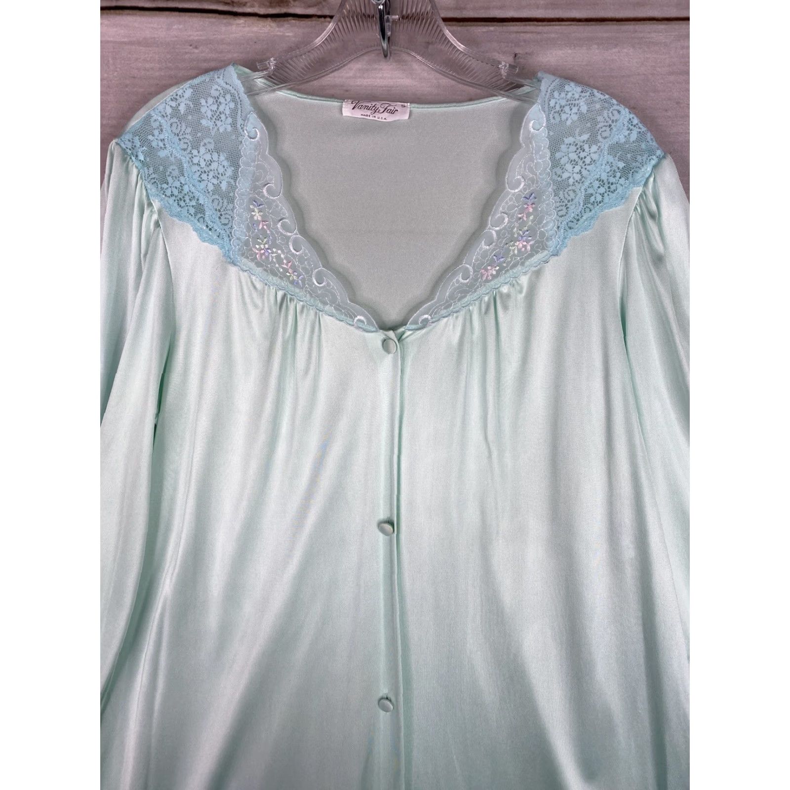 Vintage VINTAGE Vanity Fair Nightgown Womens S Green Button Up Lace Satin Pocket Long Shirt Size ONE SIZE - 2 Thumbnail