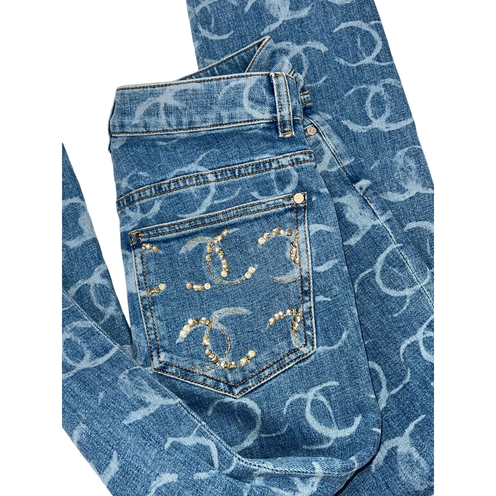 Chanel Chanel Denim White CC Printed Logo Sequin Skinny Jeans 36 Size 26" / US 2 / IT 38 - 11 Thumbnail
