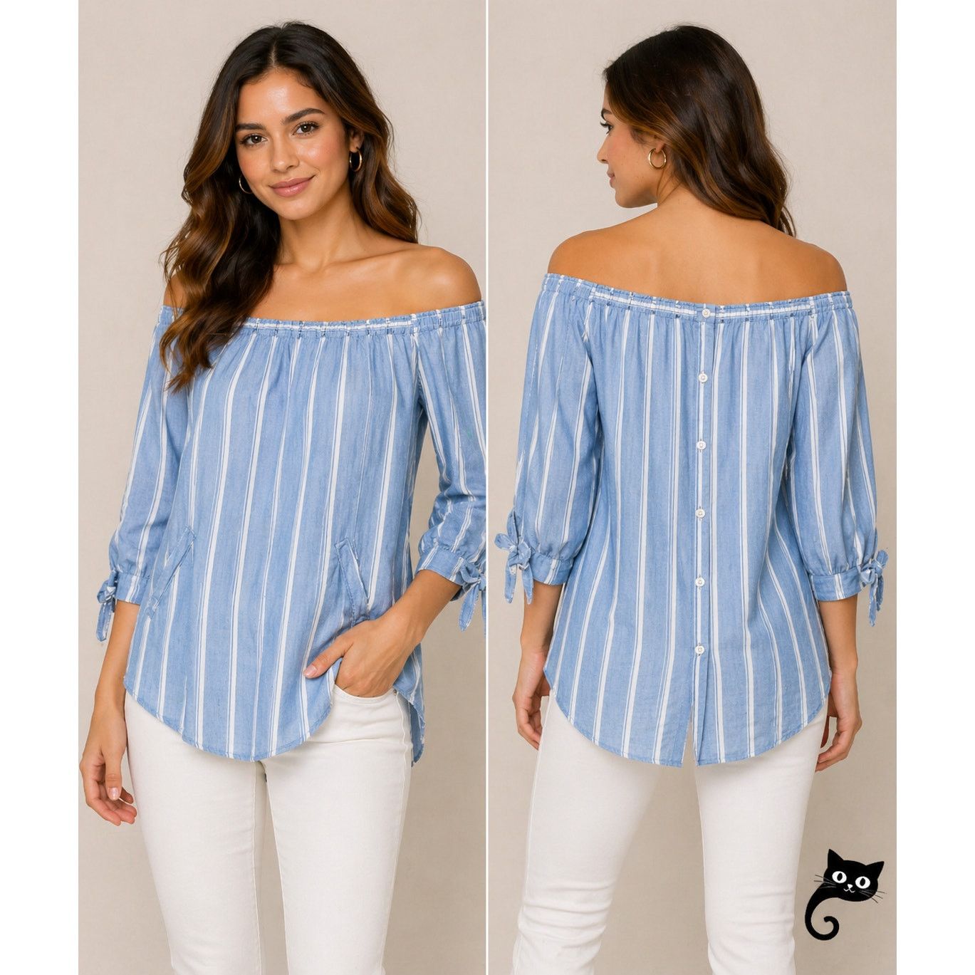 Other Billy T Blue White Stripe Linen Off Shoulder Tie-Sleeve Top Size XS / US 0-2 / IT 36-38 - 3 Thumbnail