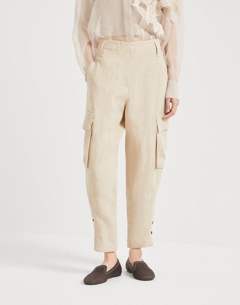 o1la1rc1a0326 Linen Panama Cargo Trousers in Beige