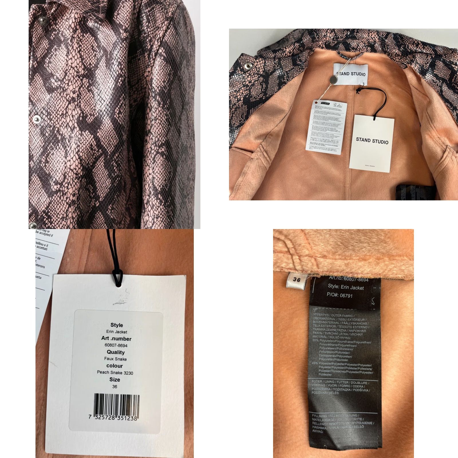 STAND STUDIO Stand Studio Erin Jacket XS Peach Snake - NWT - Faux Snake - Women's Biker Jacket, Short Length, Long Sleeve, Collared, Pockets, City Designer Size XS / US 0-2 / IT 36-38 - 9 Thumbnail