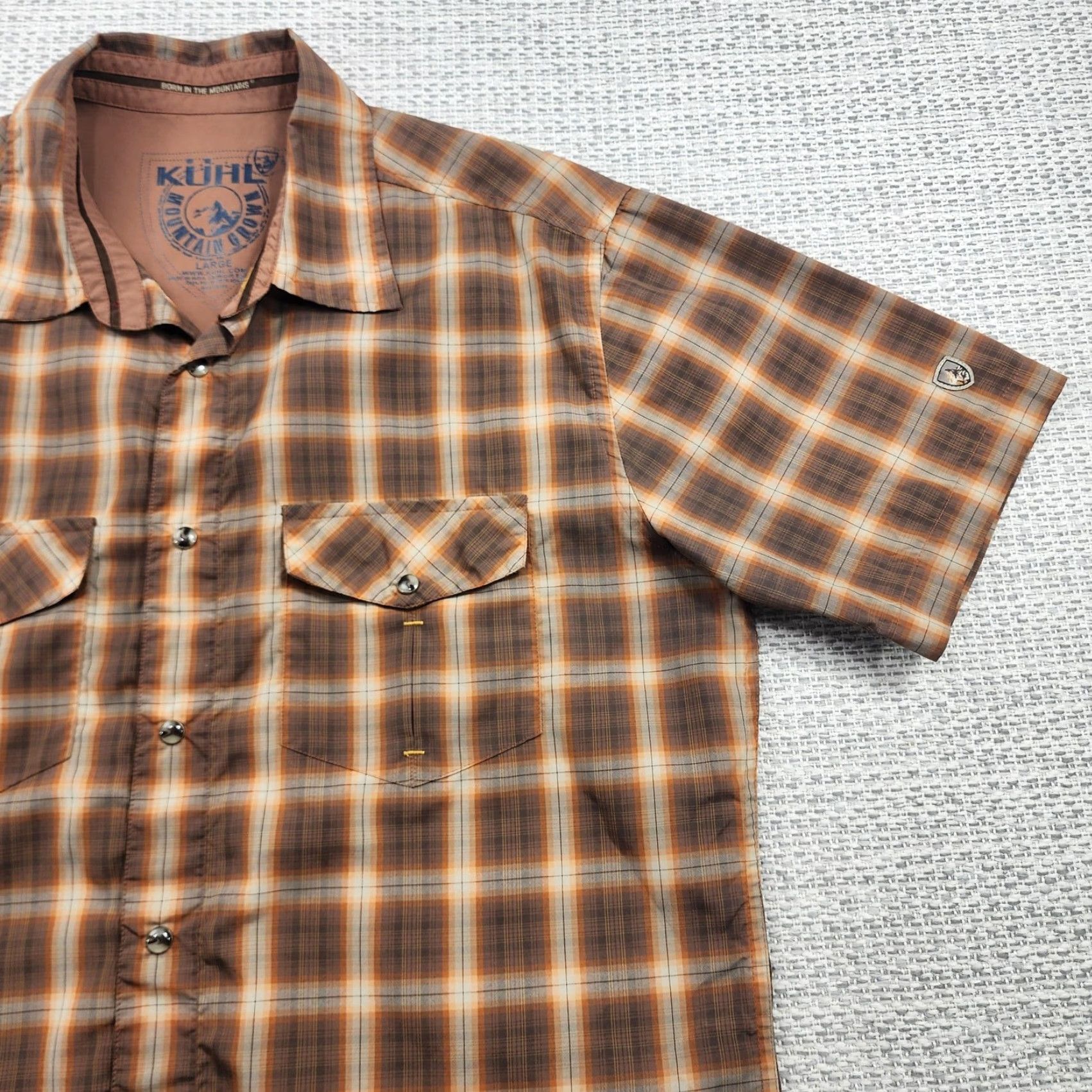 Vintage KÜHL Shirt Mens Large Brown Orange Plaid Short Sleeve Button-Up Size US L / EU 52-54 / 3 - 2 Thumbnail