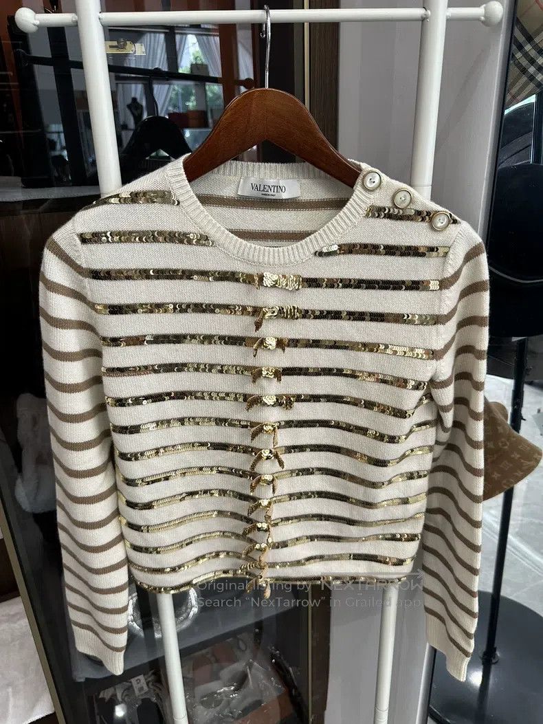 Valentino Valentino White gold sequin striped mother-of-the-row swea Size S / US 4 / IT 40 - 1 Thumbnail