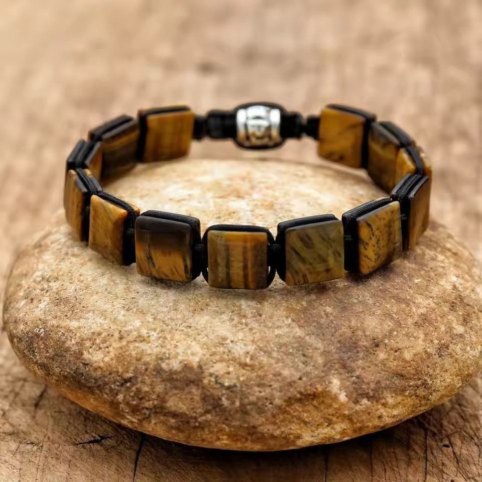 Handmade 10mm Square Tiger Eye Stone Beads Braided Bracelet Size ONE SIZE - 3 Thumbnail