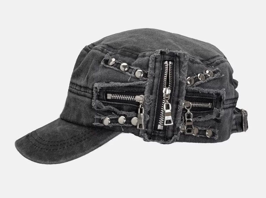 Japanese Brand Punk distressed zip studded cross raw cap hat Size ONE SIZE - 5 Thumbnail