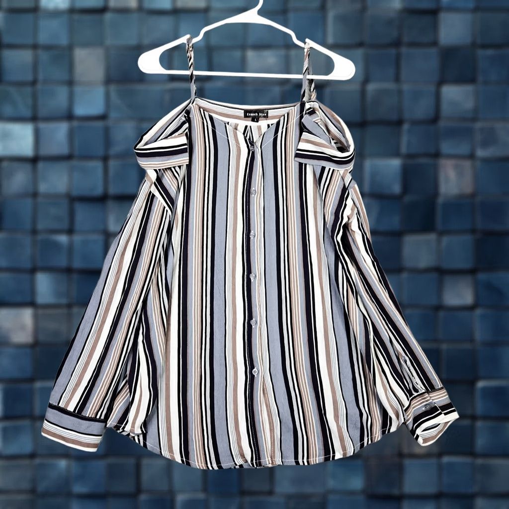 Vintage French Kiss Womens Off the Shoulder Long sleeve Stripes Blouse Size L - Casual Rayon Size L / US 10 / IT 46 - 1 Thumbnail