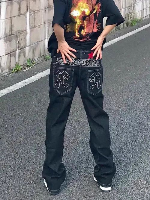 image of Vintage Embroidered Washed Straight Black Jeans, Men's (Size 32)