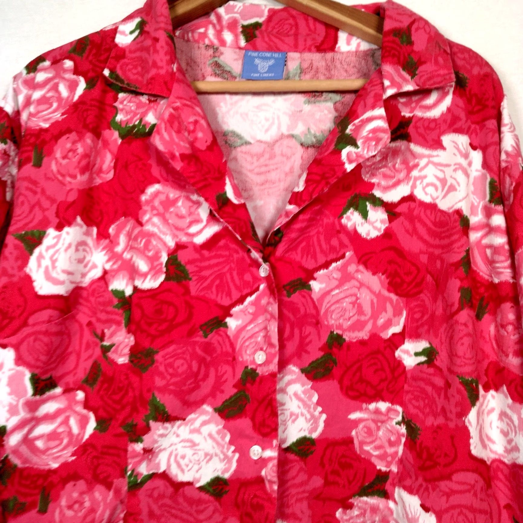 Vintage Pine Cone Hill Fine Linens Blouse XL Pink Red Roses Button Front Ruffled Cuff Womens Size XL / US 12-14 / IT 48-50 - 3 Thumbnail